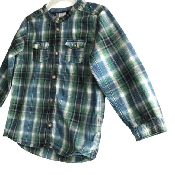 H&M Plaid Band Collar Henley Button Cotton Shirt - Picture 3 of 10